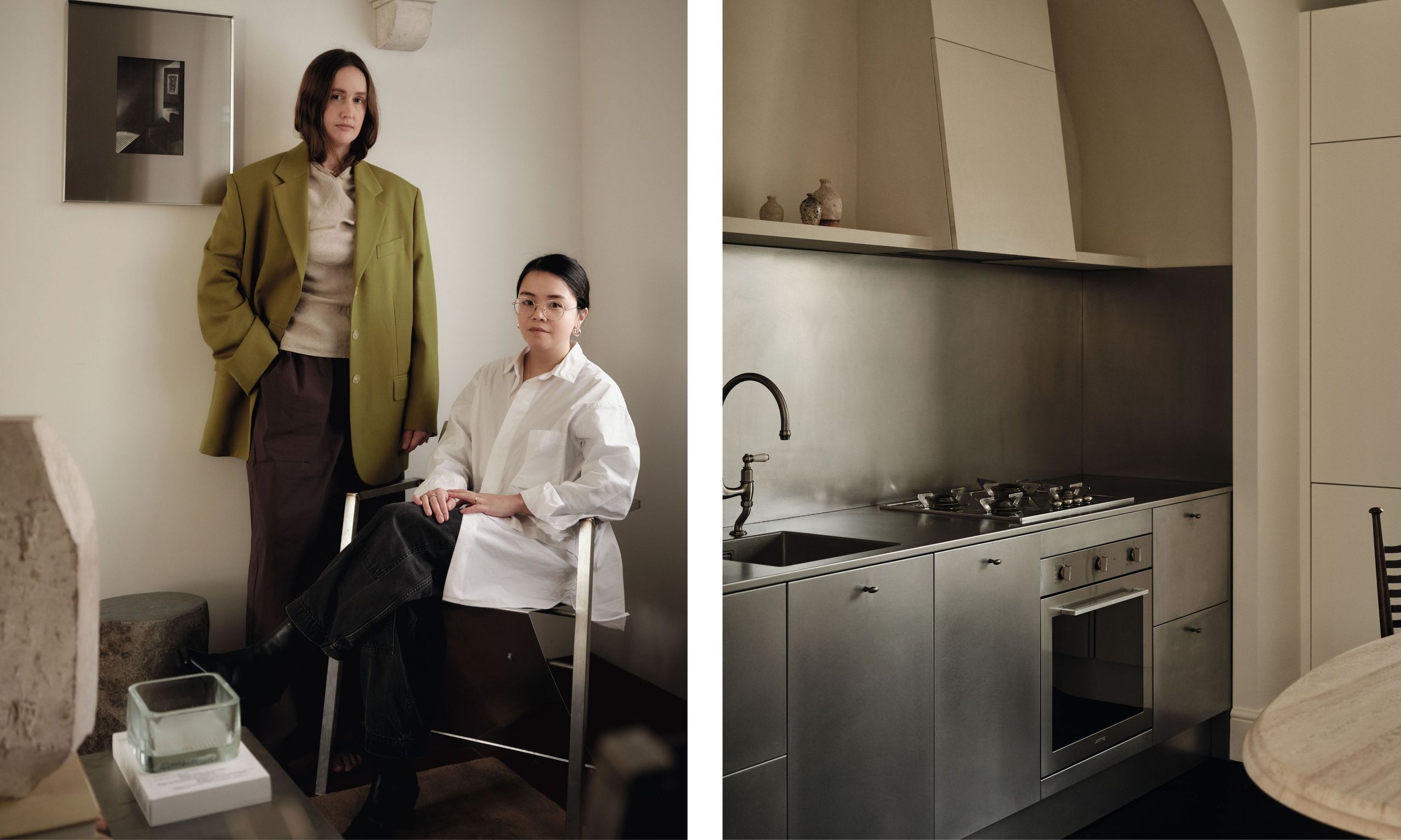 A split image featuring the founders of Studio Jey in a curated interior (left) and a minimalist kitchen design with stainless steel cabinetry and a sculptural plaster range hood (right).