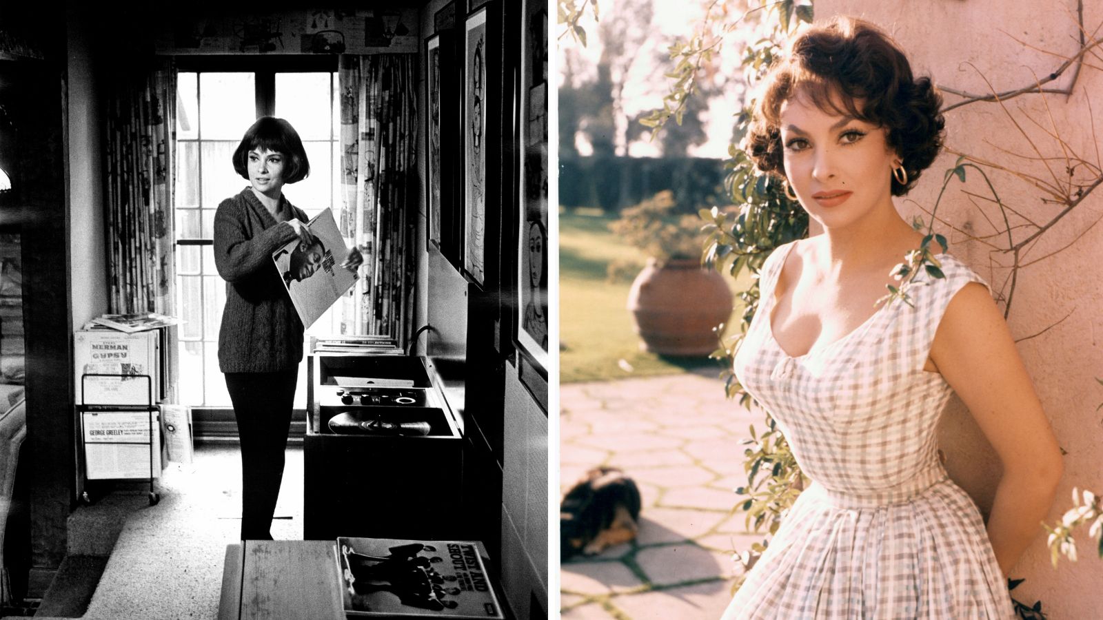 Ein geteiltes Bild mit der italienischen Schauspielerin Gina Lollobrigida in ihrem Wohnzimmer im Jahr 1960 auf der linken Seite und einer Pose draußen auf der rechten Seite