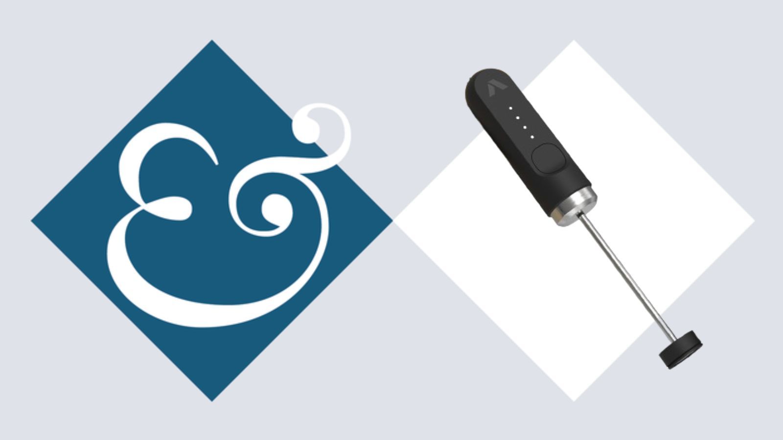 A black handheld milk foamer against a white diamond. A dark blue diamond beside it with a white &amp; sign inside it.