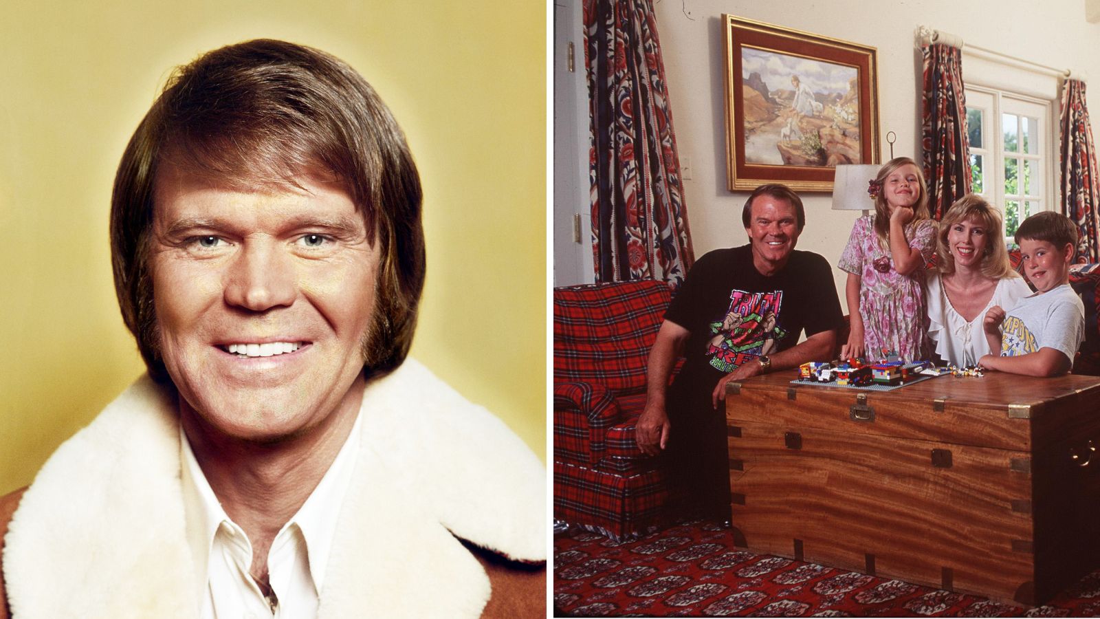 Ein Splitscreen mit Glen Campbell links und seinem roten Wohnzimmer rechts