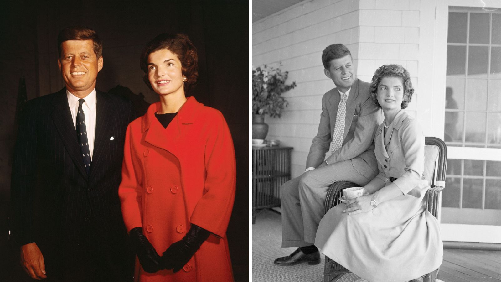Ein geteilter Bildschirm mit Jackie Kennedy und JFK in Farbe auf der linken Seite und dem Paar in Schwarzweiß auf ihrer Veranda auf der rechten Seite