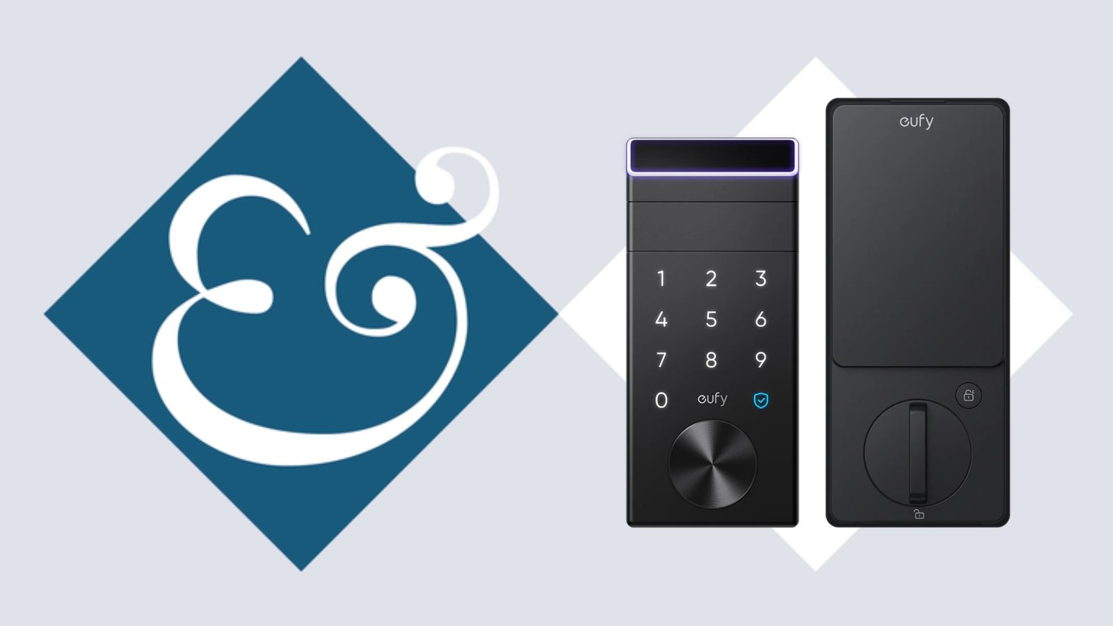 eufy FamiLock E34 smart lock on tile background next to Homes &amp; Gardens '&amp;' logo.