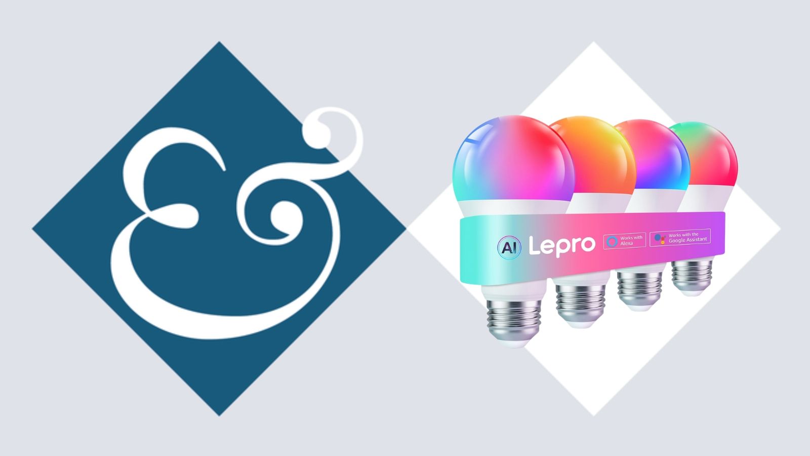 Four-pack of Lepro smart bulbs on tile background next to Homes &amp; Gardens '&amp;' logo.