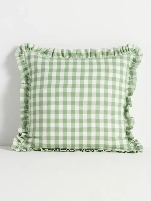 Ana Cotton Gingham-bedrucktes Rüschenkissen