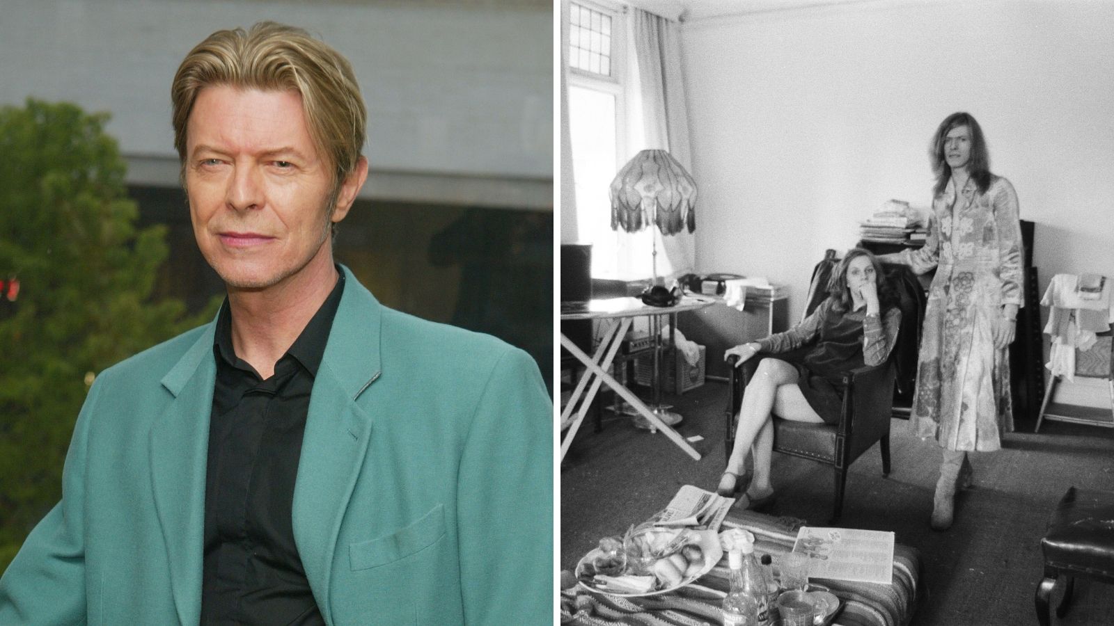 Ein geteilter Bildschirm mit David Bowie auf der linken Seite und seinem Haus in den 70er-Jahren auf der rechten Seite