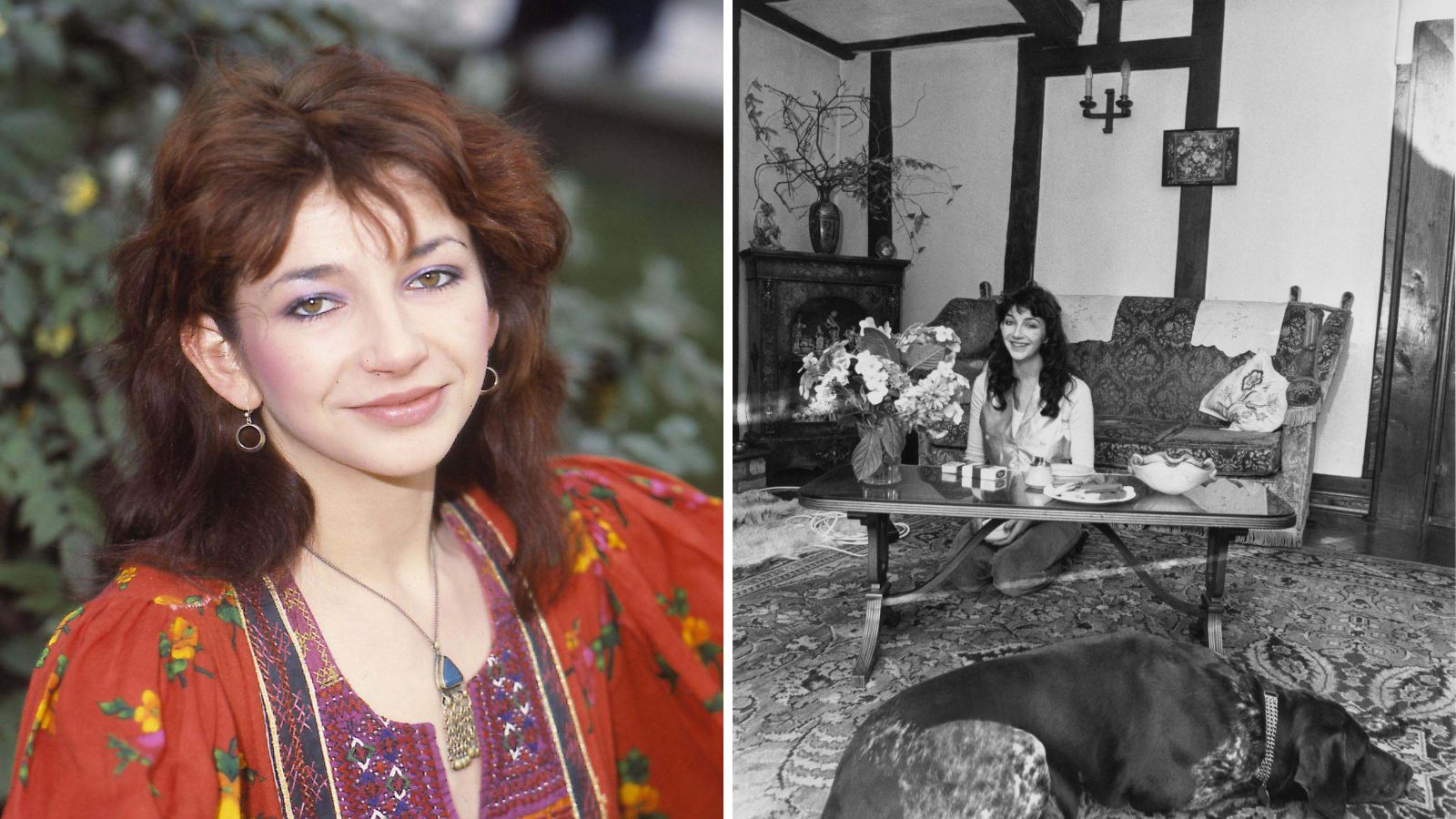 Ein geteilter Bildschirm mit Kate Bush auf der linken Seite und ihrem Wohnzimmer in Schwarz-Weiß auf der rechten Seite