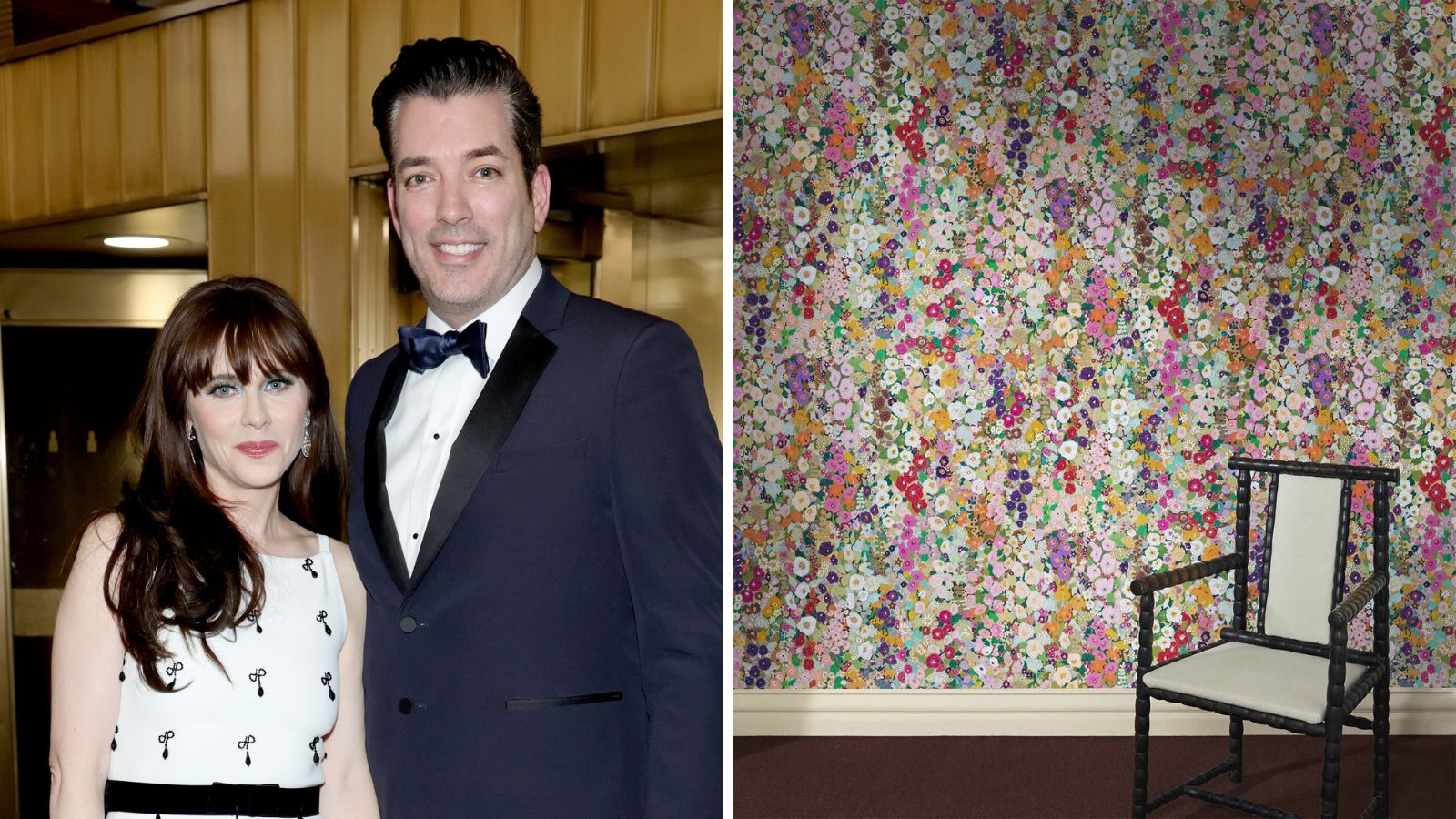 ein Splitscreen-Bild mit Zooey Deschanel und Jonathan Scott auf der linken Seite und ein Lifestyle-Bild des House of Hackney's Hollyhocks-Drucks