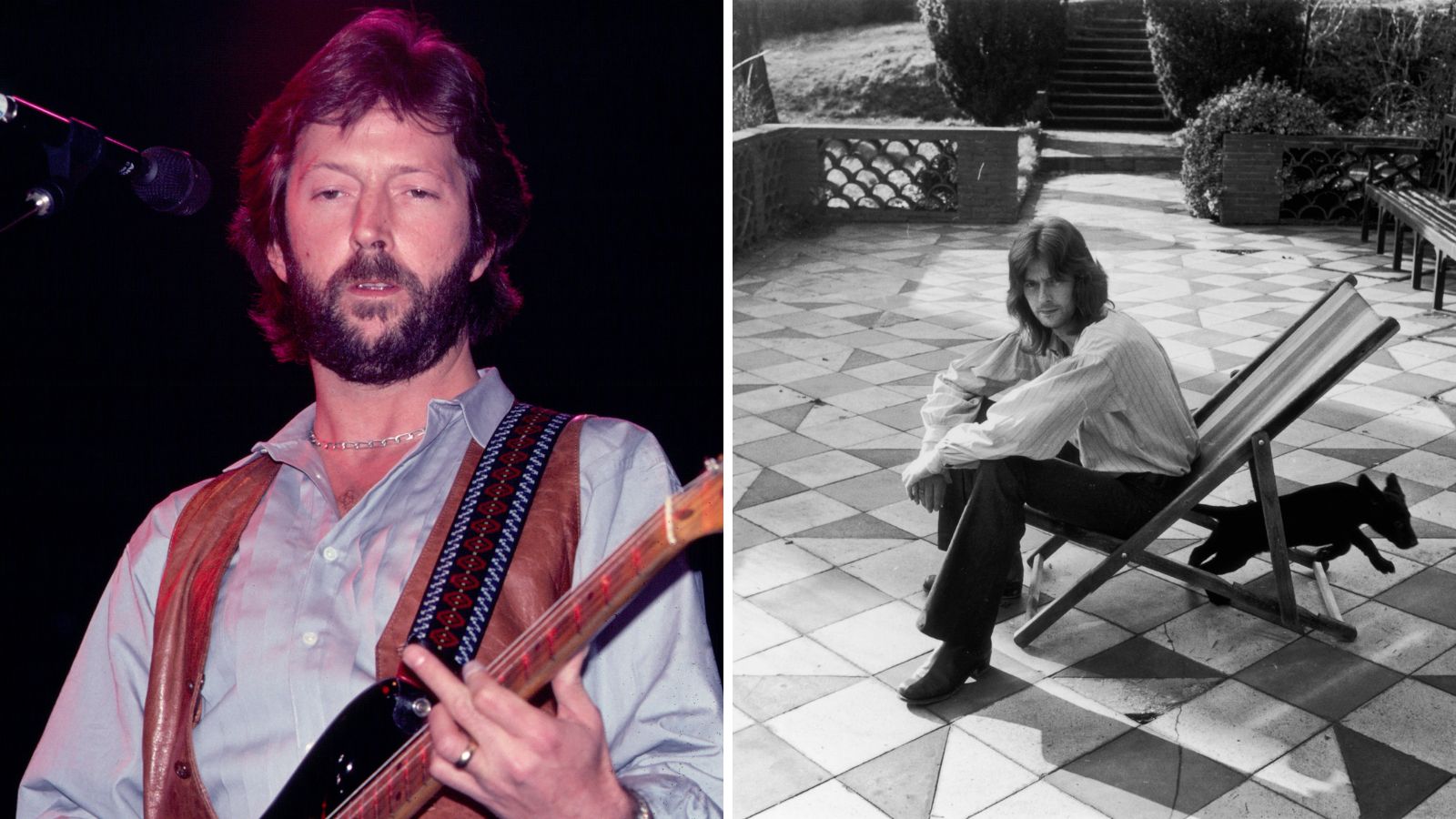 Ein geteilter Bildschirm mit Eric Clapton mit seiner Gitarre links und seinen Gartenmöbeln rechts