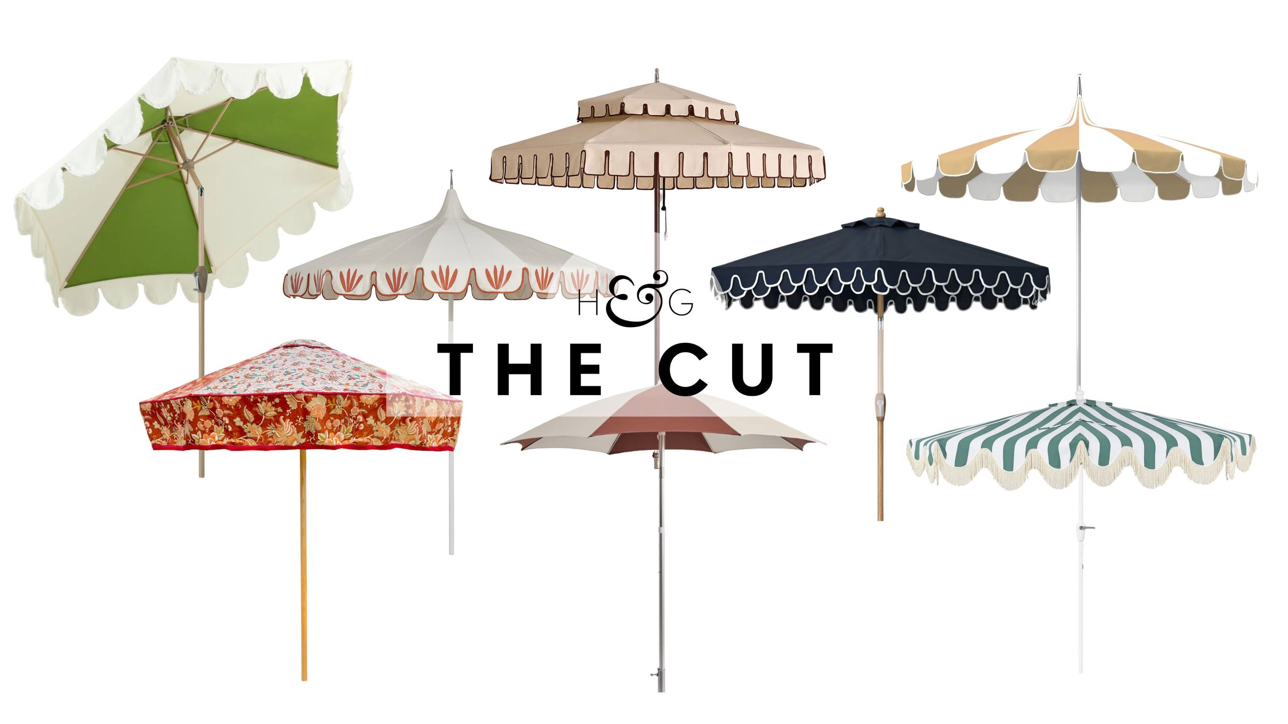 Outdoor umbrellas, featuring styles including details such as fringe, scallops, stripes, and florals, pictured against a white background