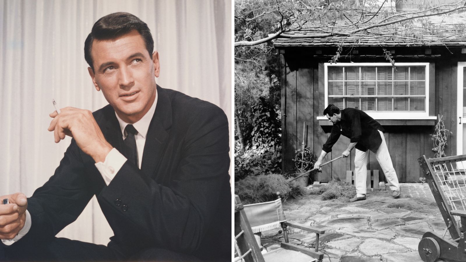 Rock Hudson auf weißem Hintergrund auf der linken Seite und Harken in seinem Garten auf der rechten Seite