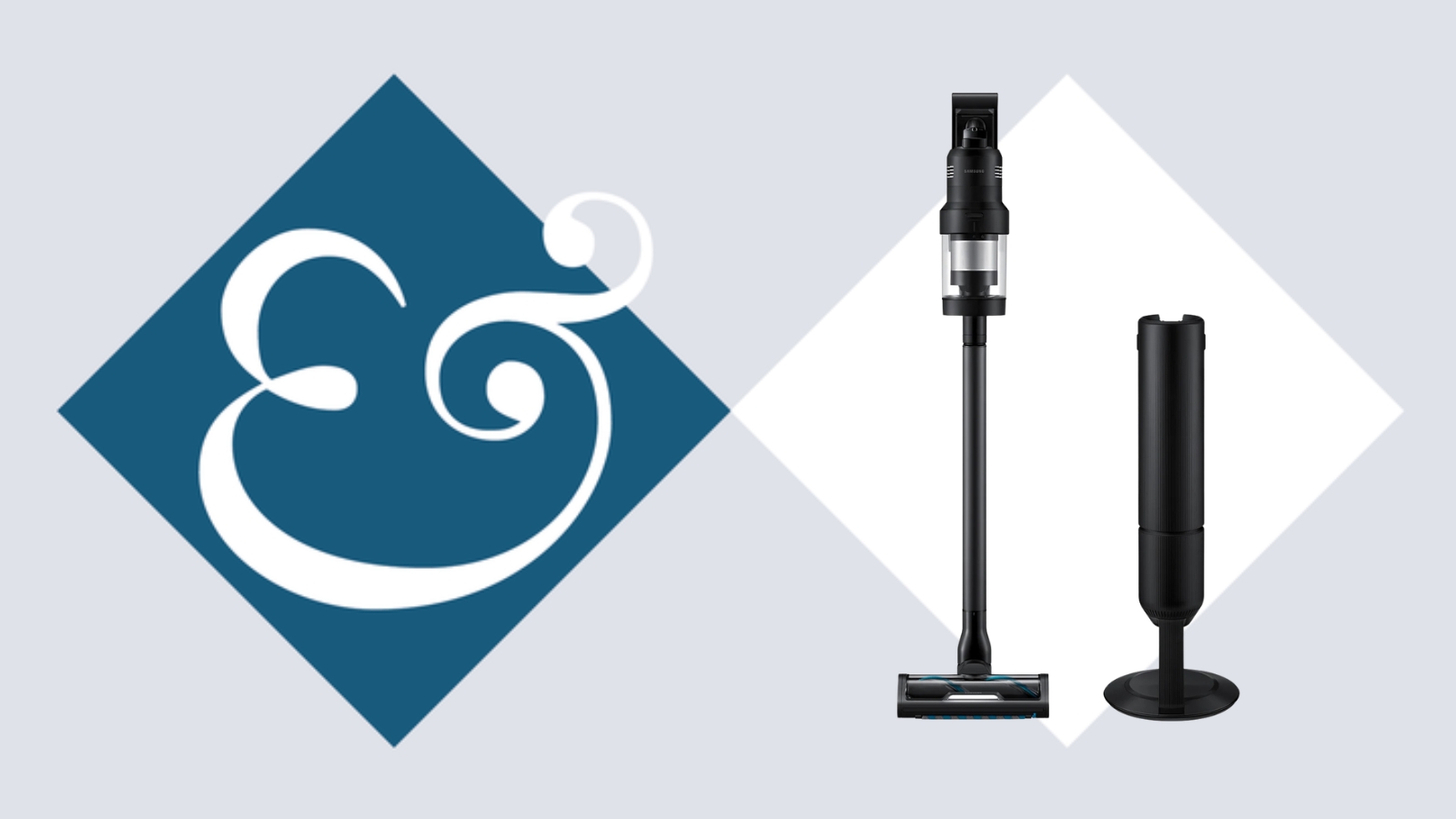 Samsung Bespoke AI Jet Ultra Staubsauger- und Reinigungsstation auf Fliesenhintergrund neben Homes & Gärten '&' Logo.