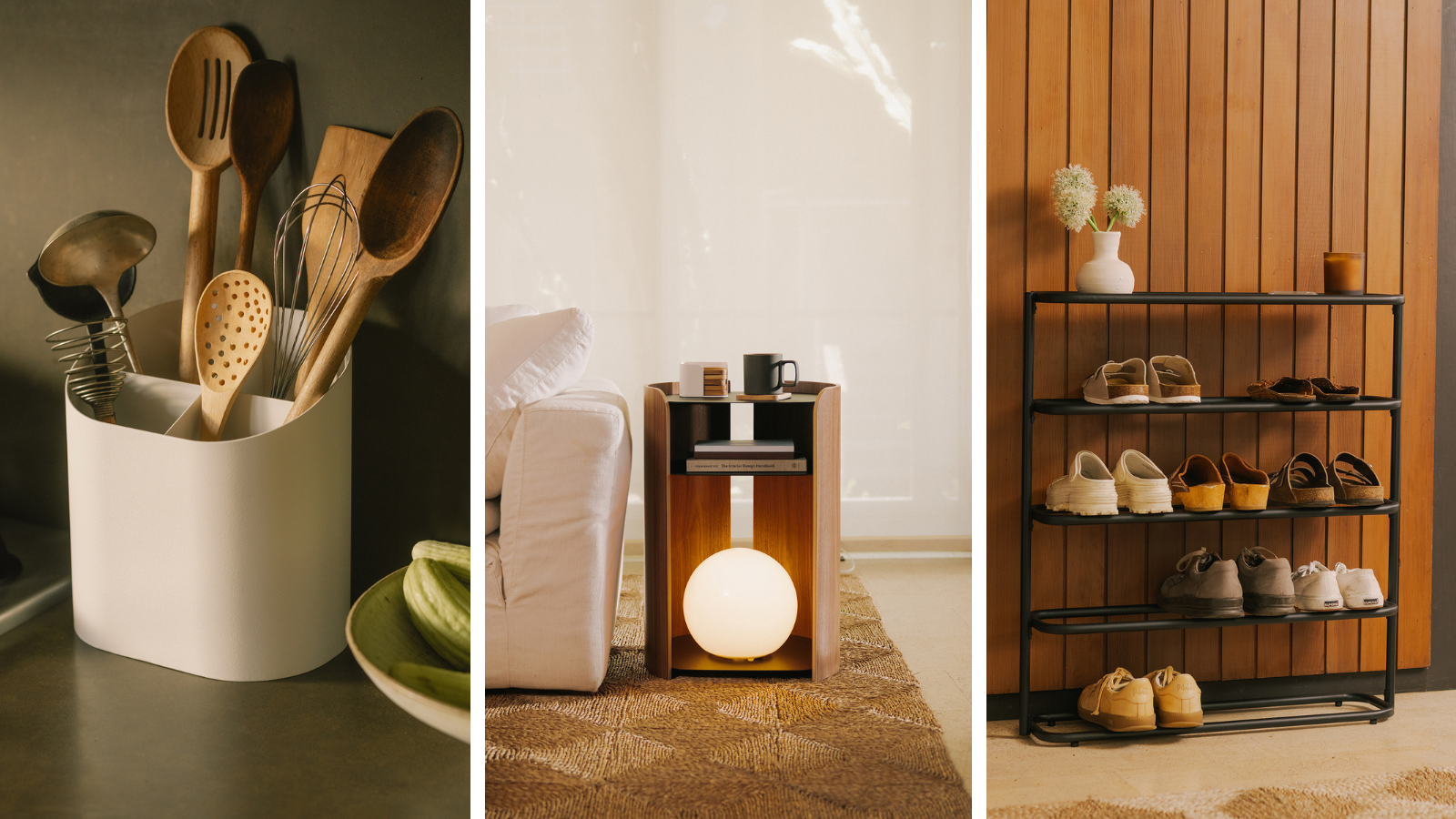 three images featuring homeware products from Apto. The first is a utensil holder, the second is a side table, and the third is a shoe rack