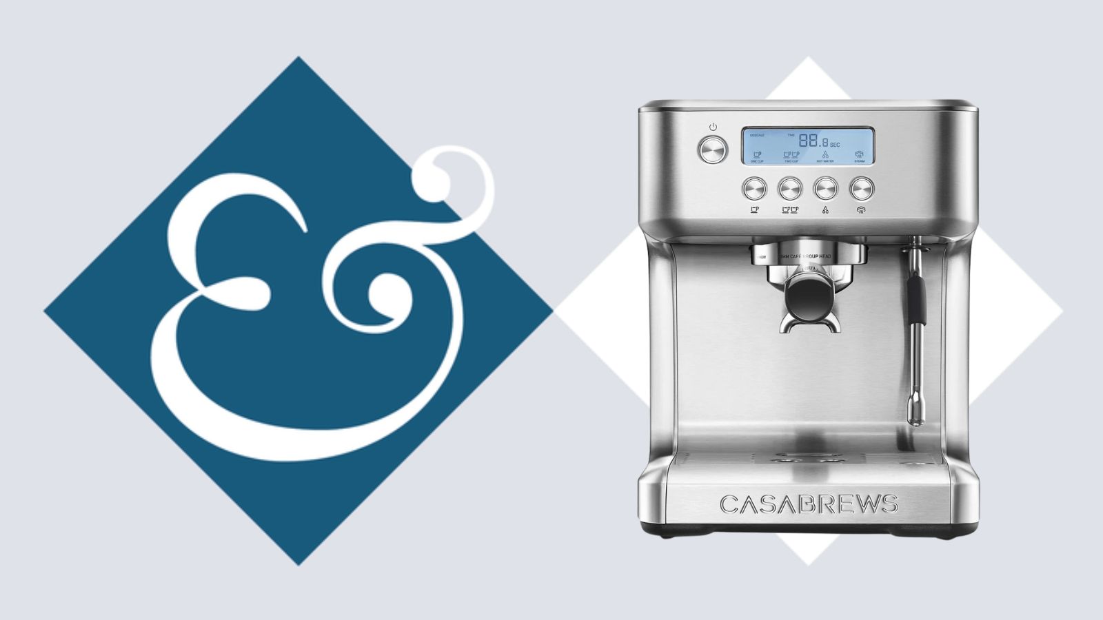 Casabrews ULTRA Espresso Machine on tile background next to Homes &amp; Gardens '&amp;' logo.