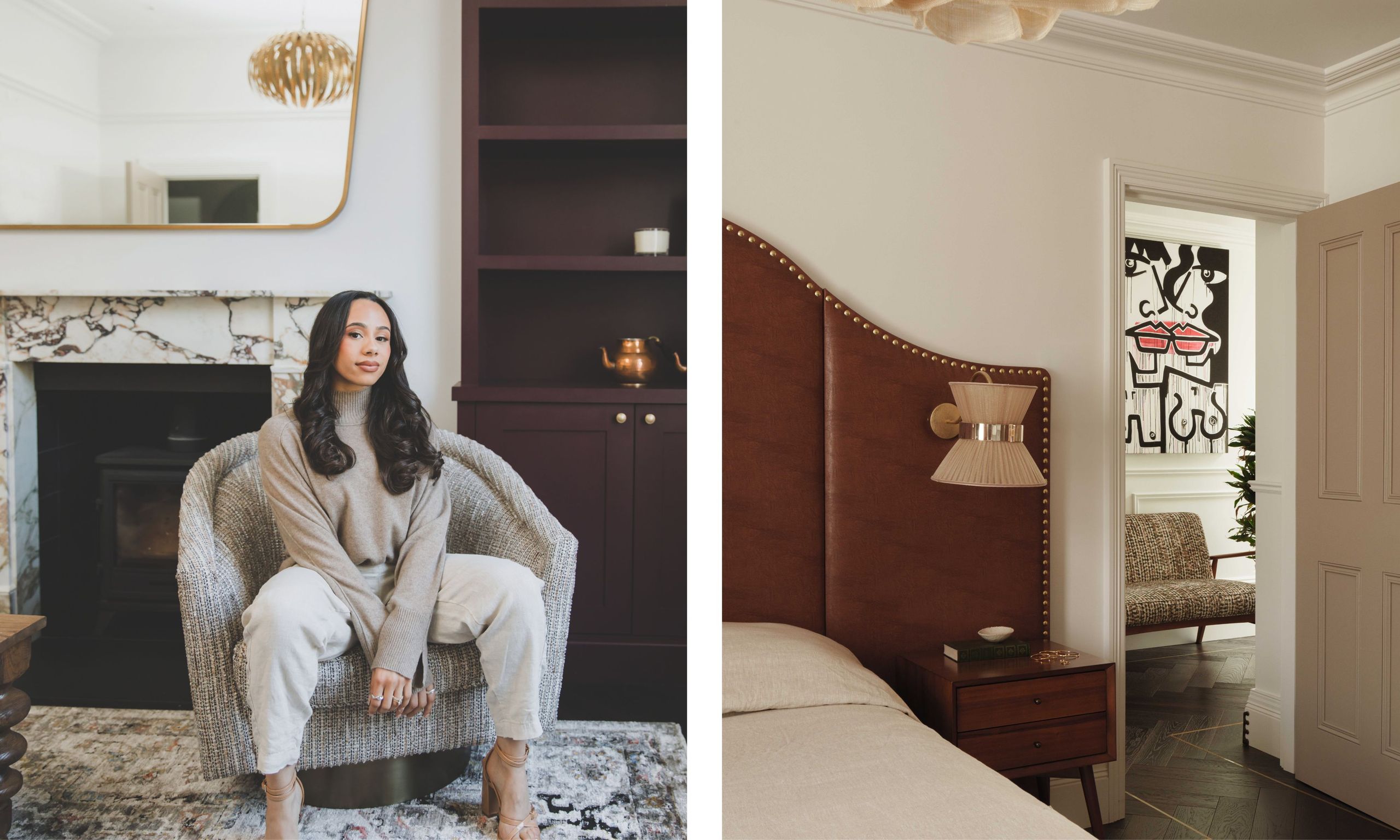 A split-screen image. On the left, interior designer Bee Janaye poses in a textured swivel chair between a marble fireplace and deep burgundy built-ins. On the right, the detailed shot of the leather headboard and bedroom interior is repeated