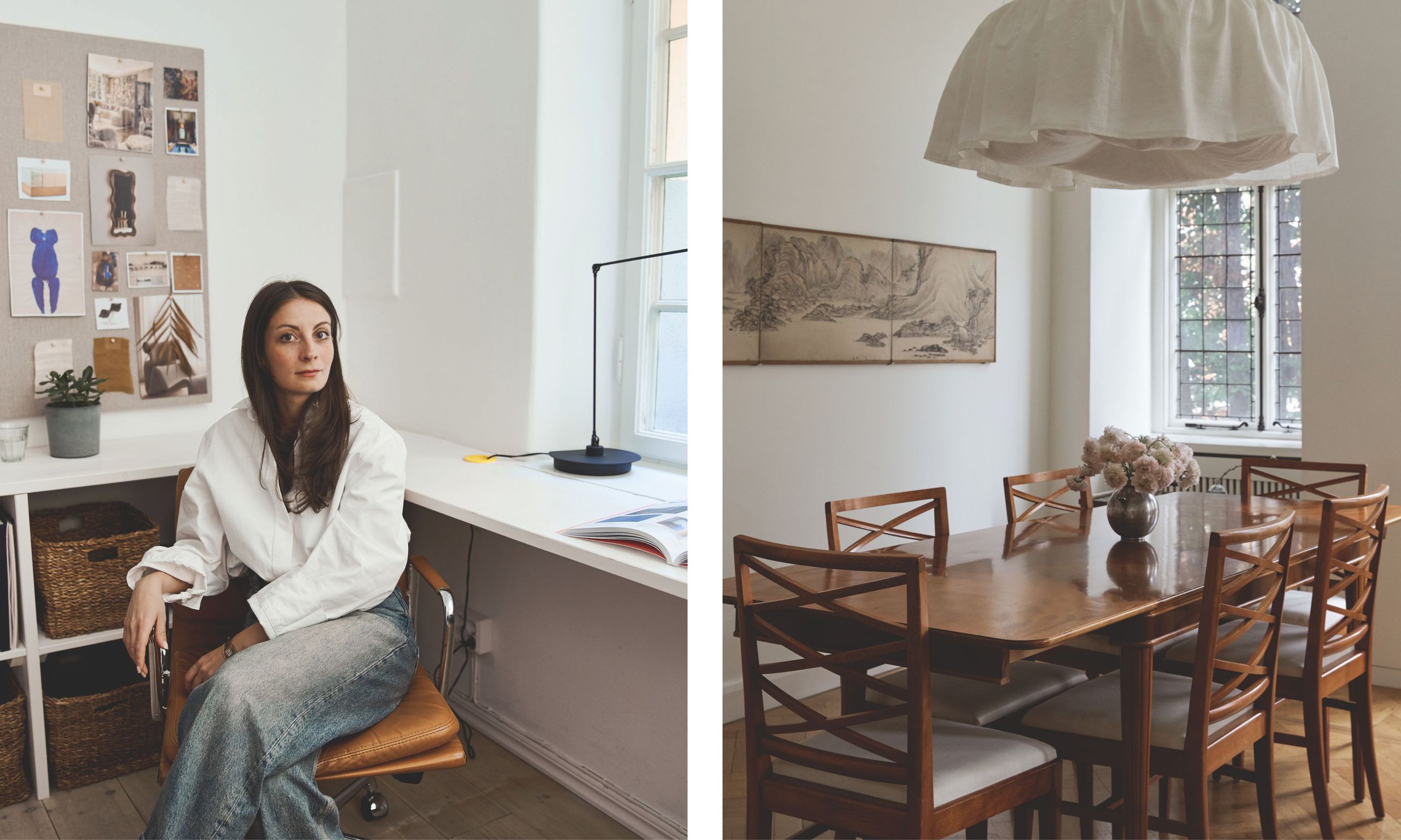 Two interior views: on the left, Kavand Interiors designer sits at a bright white desk with a mood board; on the right, a classic dining set with a polished wood table and framed artwork under a linen pendant light.