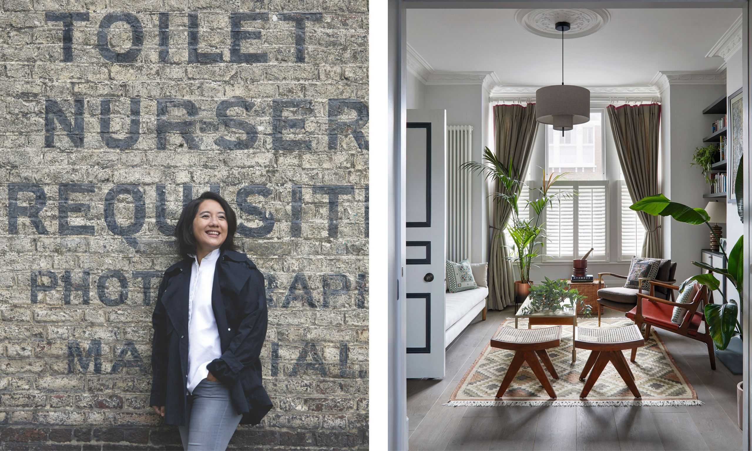 An image featuring two sides: on the left, a smiling Sandra Flashman stands against a distressed brick wall with vintage text; on the right, a detailed view of her designed living room with eclectic furniture and plants