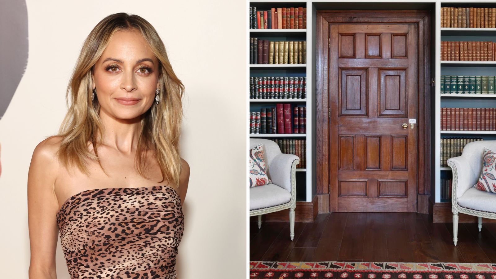 Nicole Richie auf der linken Seite und eine Heimbibliothek auf der rechten Seite