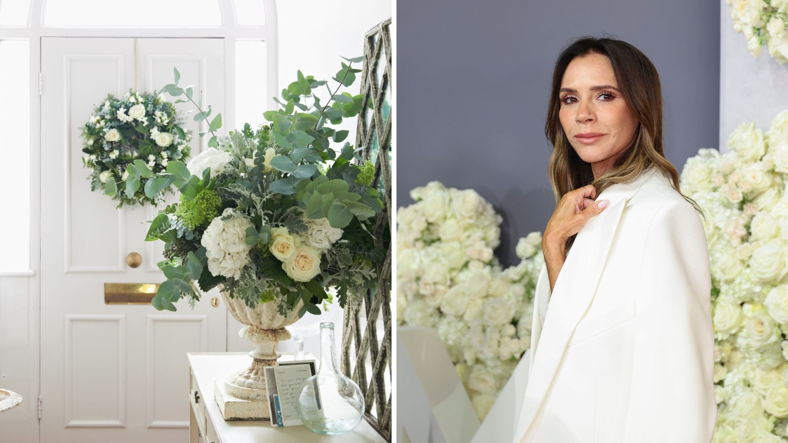 Weiße Rosen in einer Urne auf einem Konsolentisch im Flur / Victoria Beckham mit einer weißen Rose im Hintergrund
