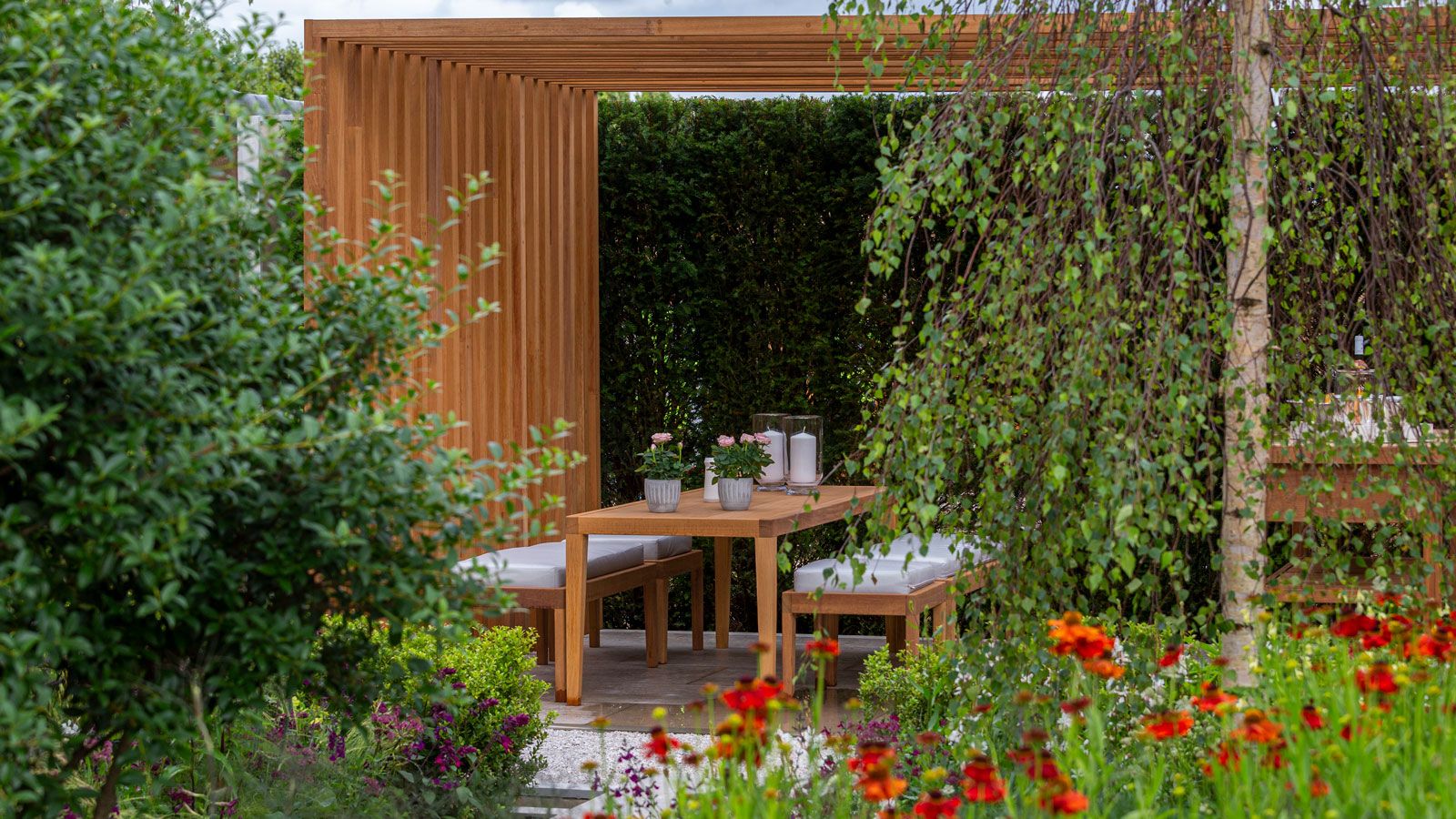 pergola with outdoor seating area including table and garden benches, with silver birch tree, shrubs and orange helenium flowers