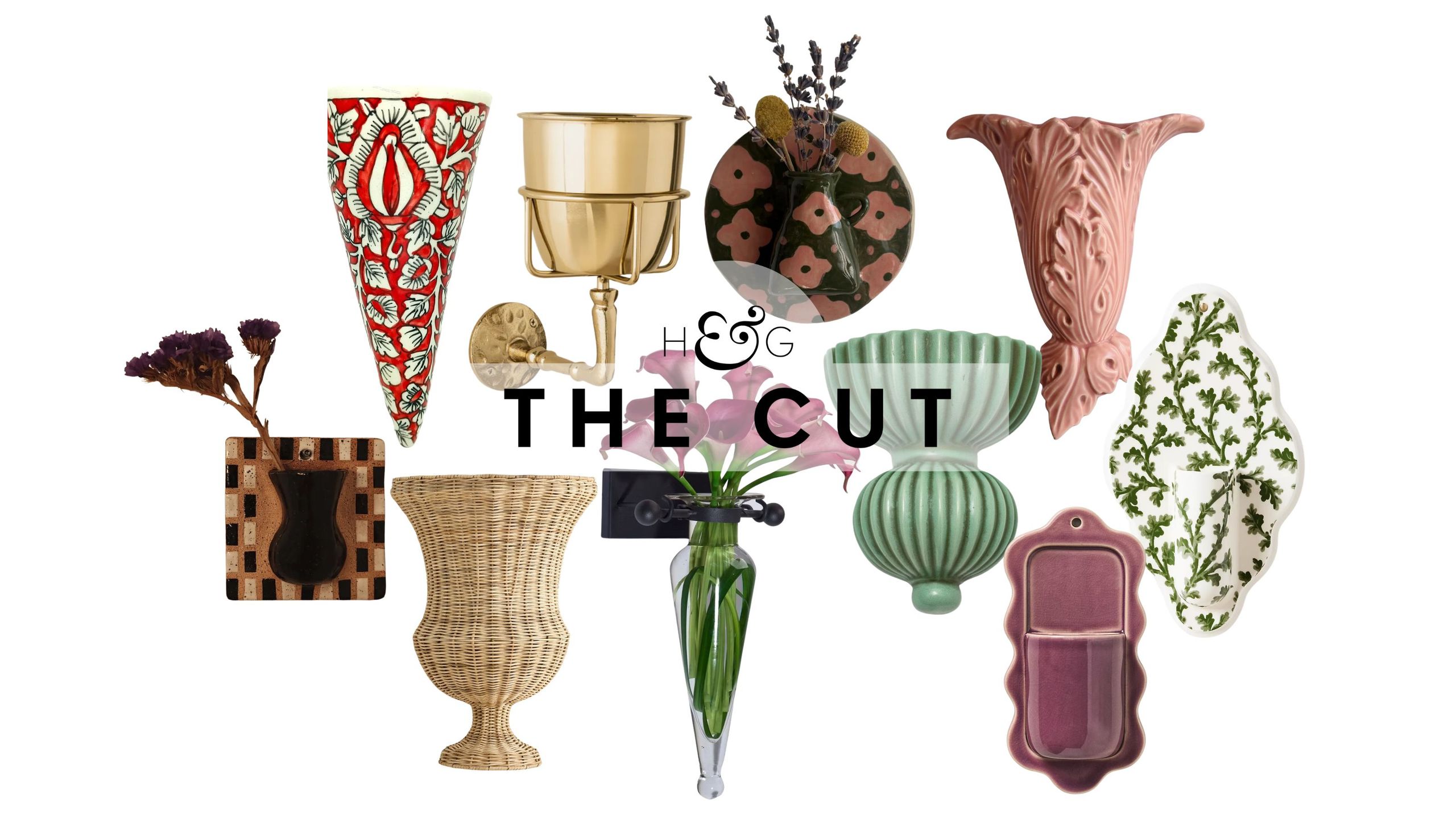 Wall vases, featuring styles ranging from botanical patterns to squiggles, pictured against a white background