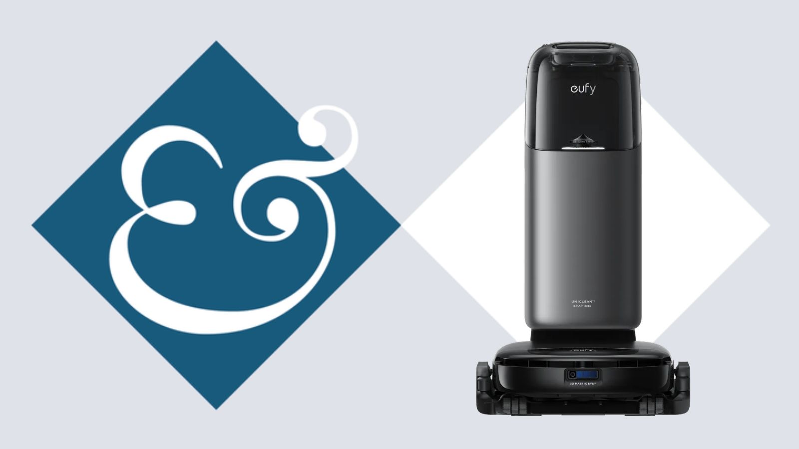 eufy Omni S1 Pro robot vacuum in station on tile background next to Homes &amp; Gardens '&amp;' logo.
