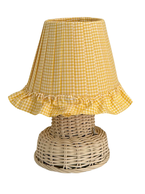 Handgefertigte kabellose Tischlampe mit gelbem Gingham-Karomuster