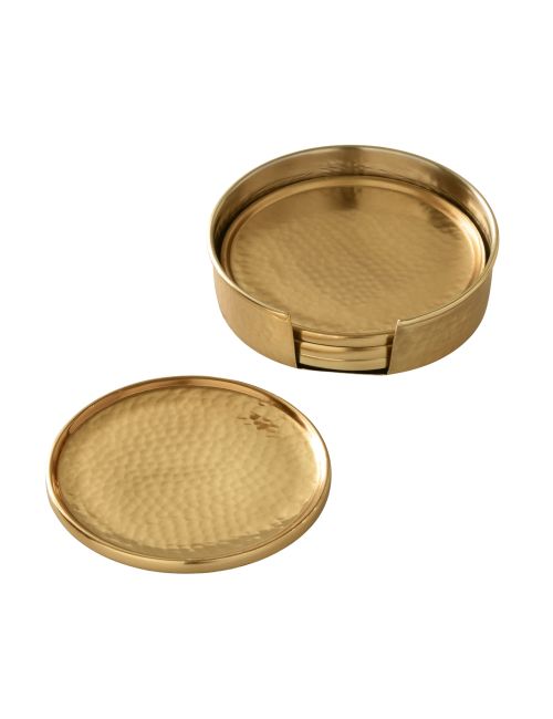 Gehämmerte Untersetzer aus antikem Messing mit Halter, 4er-Set