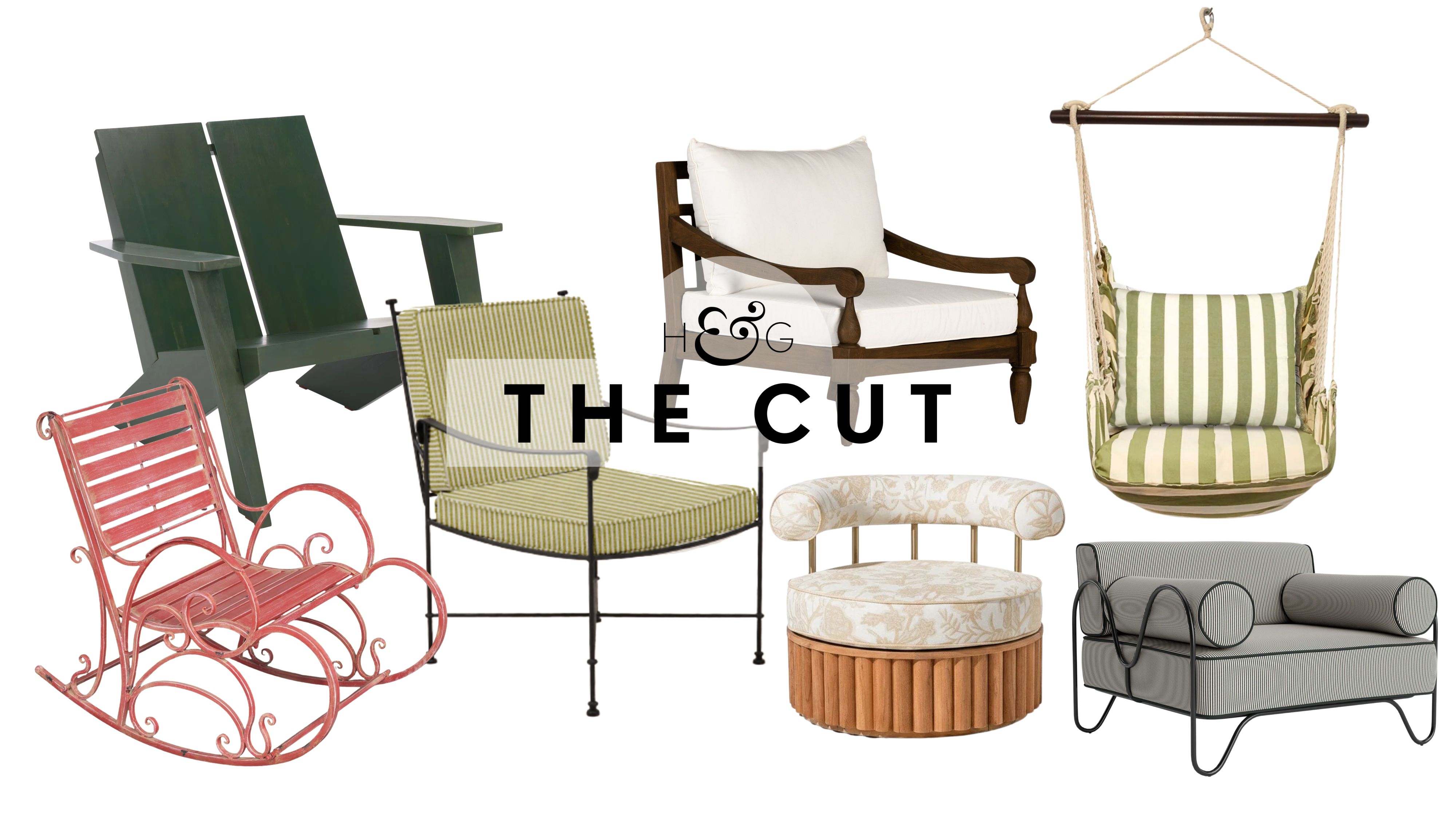 Stilvolle Verandastühle, deren Stilrichtungen von antiken roten Schaukelstühlen über Adirondack-Stühle bis hin zu Drehstühlen reichen, abgebildet vor einem weißen Hintergrund