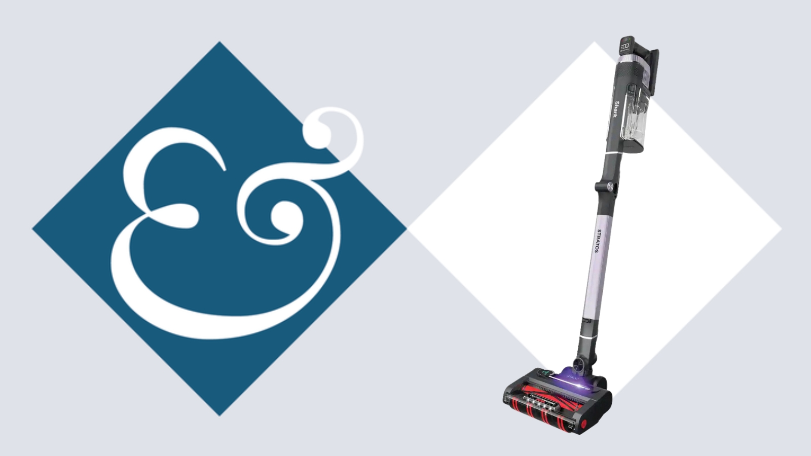 Shark Stratos Akku-Staubsauger auf Fliesenhintergrund neben Häusern und Häusern Gärten '&' Logo.