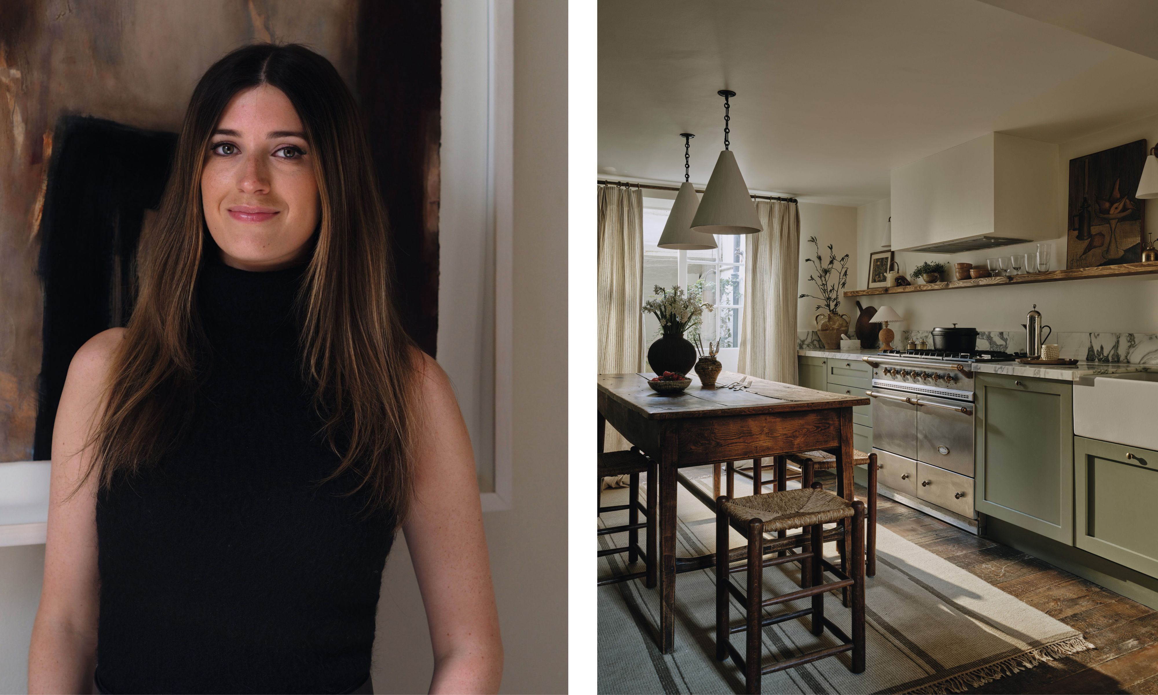 Links ein Porträt der lächelnden Innenarchitektin Rachael Gowdridge in einem schwarzen Rollkragenpullover. Rechts ein Foto einer kuratierten Küche im Landhausstil mit grünen Schränken, einem großen Profi-Sortiment und einer hölzernen Insel im Landhausstil.