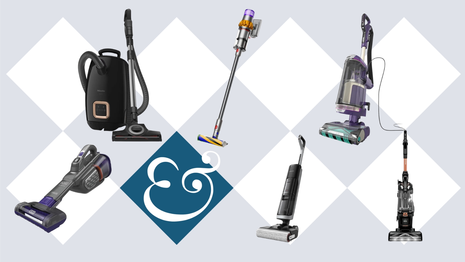Miele-, Dyson-, Shark-, Black- und Decker-, Dreame- und Bissell-Staubsauger auf Fliesenhintergrund mit Homes & Gärten '&' Logo.