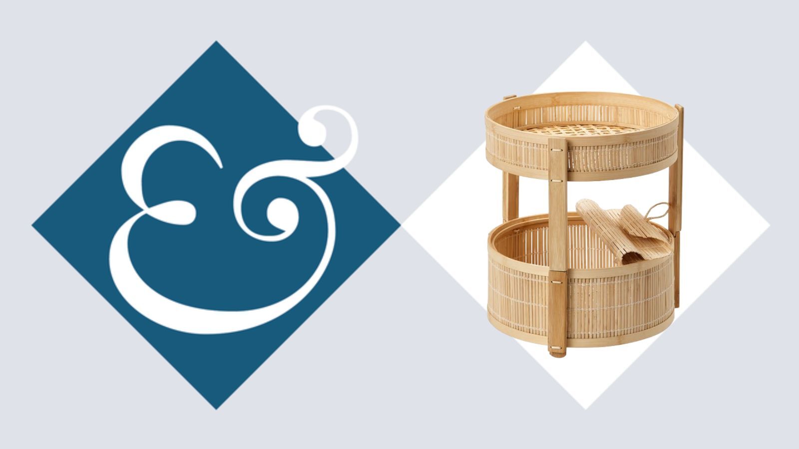 Bambus-Organizer von IKEA bei Homes & Blauer und weißer Diamant- und Logo-Hintergrund der Gärten