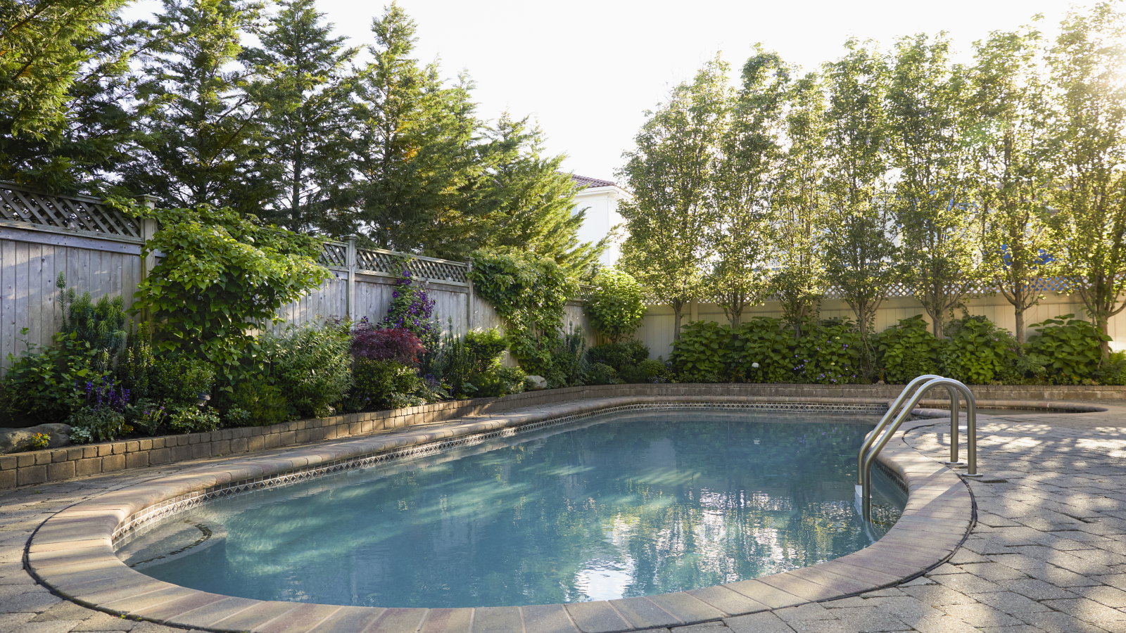 Ein Hinterhofpool, umgeben von Blumenbeeten und Bäumen