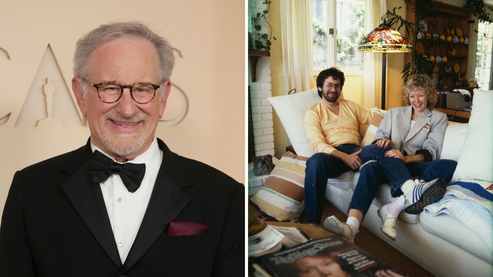 Geteilter Bildschirm von Steven Spielberg links und seinem Wohnzimmer rechts