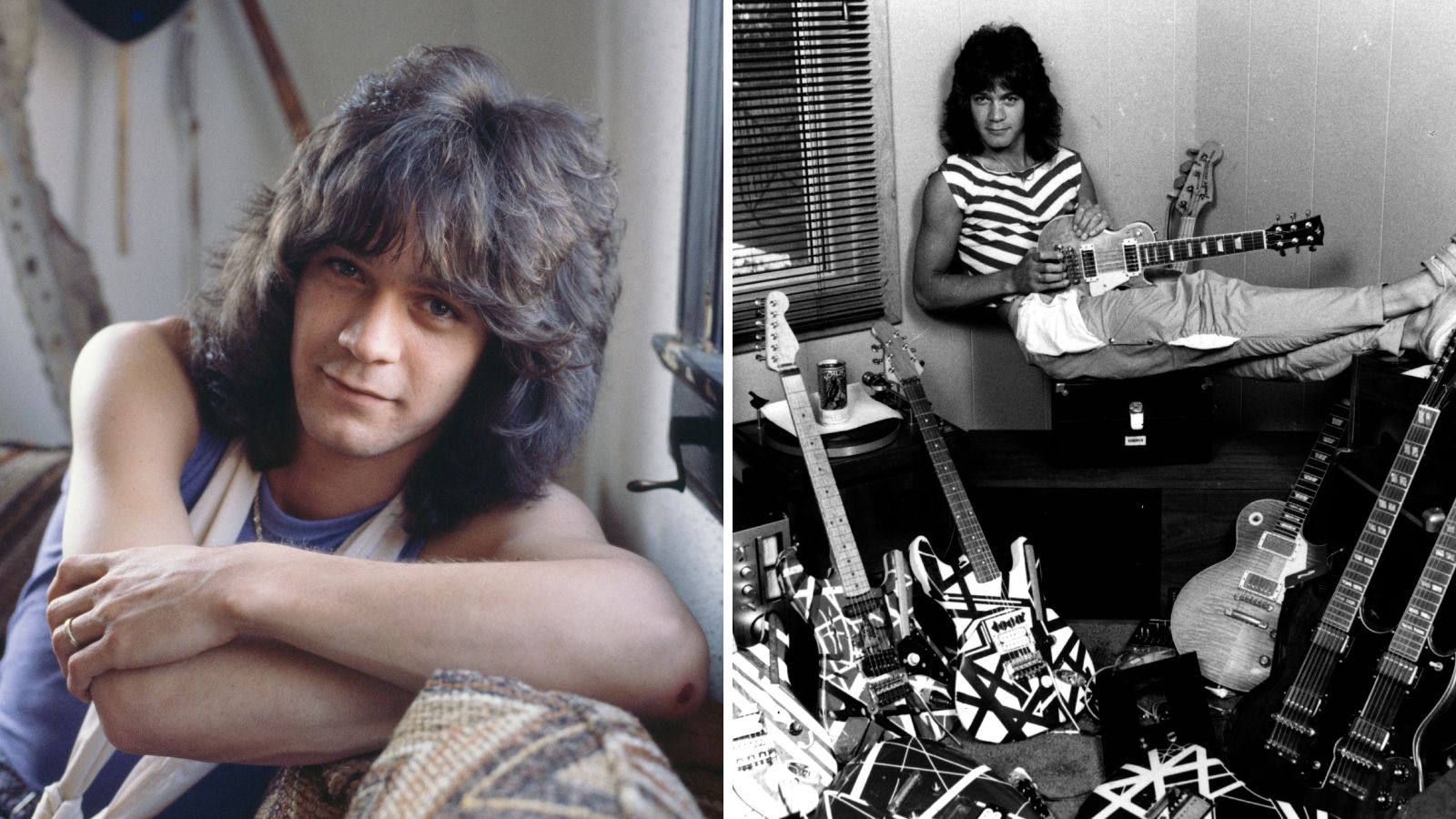Ein geteilter Bildschirm mit Edie van Halen auf der linken Seite und seinem Haus aus den 80ern auf der rechten Seite