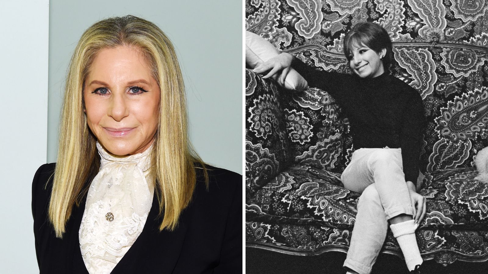 Barbra Streisand auf der linken Seite und dann ein durchnässtes Paisley-Muster auf der rechten Seite