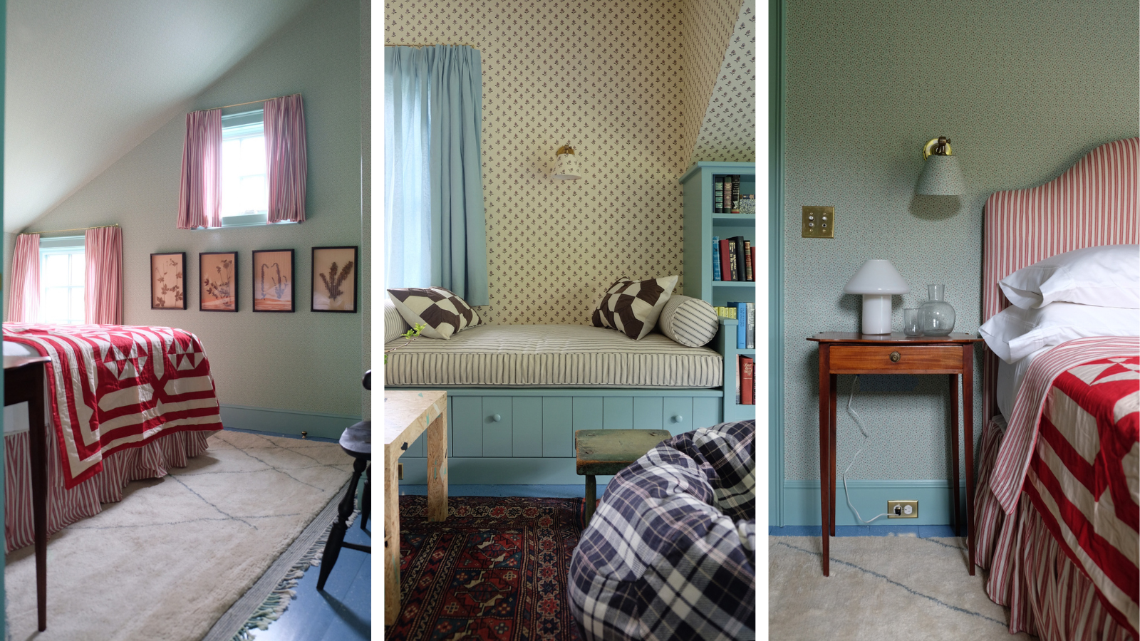 drei Innenbilder von Schlafzimmern mit Patchwork-Dekor