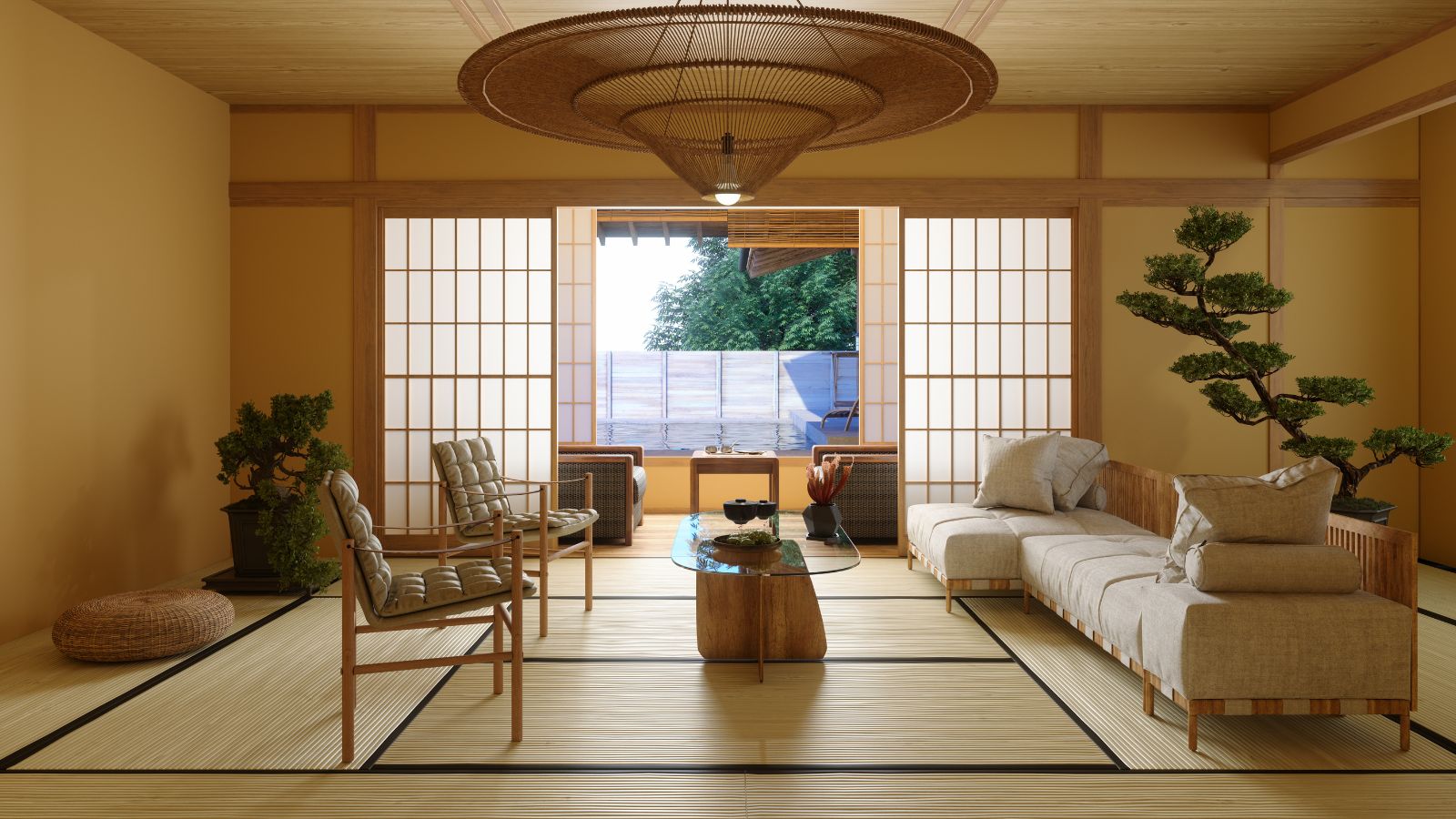 Wohnzimmer-Interieur im japanischen Stil mit Sofa, Sessel, Couchtisch und Topfpflanze