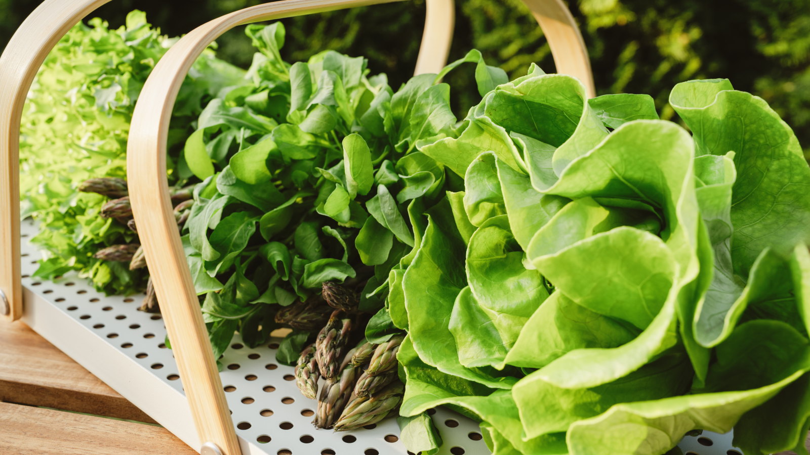 Salat, Rucola und anderes Blattgemüse lagen auf einem Holztablett