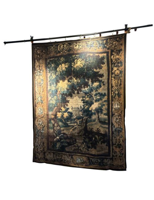 Wunderschöner französischer Verdure-Wandteppich aus gefärbter Baumwoll-Leinen-Leinwand im antiken Stil
