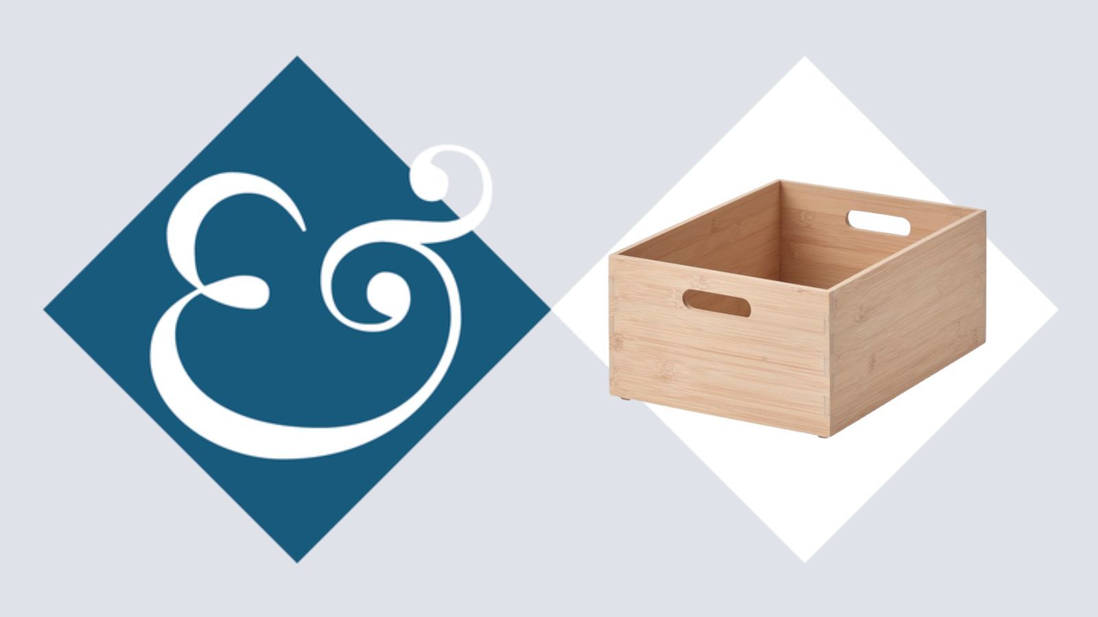A light brown IKEA bamboo storage box in a white diamond, beside a dark blue diamond with a &amp; in it