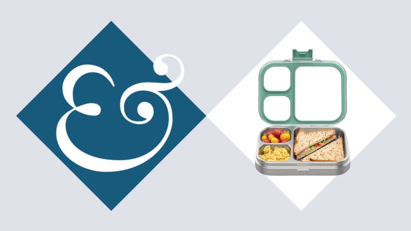 Häuser & Gardens-kaufmännisches Und-Logo auf dunkelblauer Raute, mit Ausschnitt einer offenen Bento-Lunchbox aus Edelstahl auf weißer Raute, auf hellblauem Hintergrund