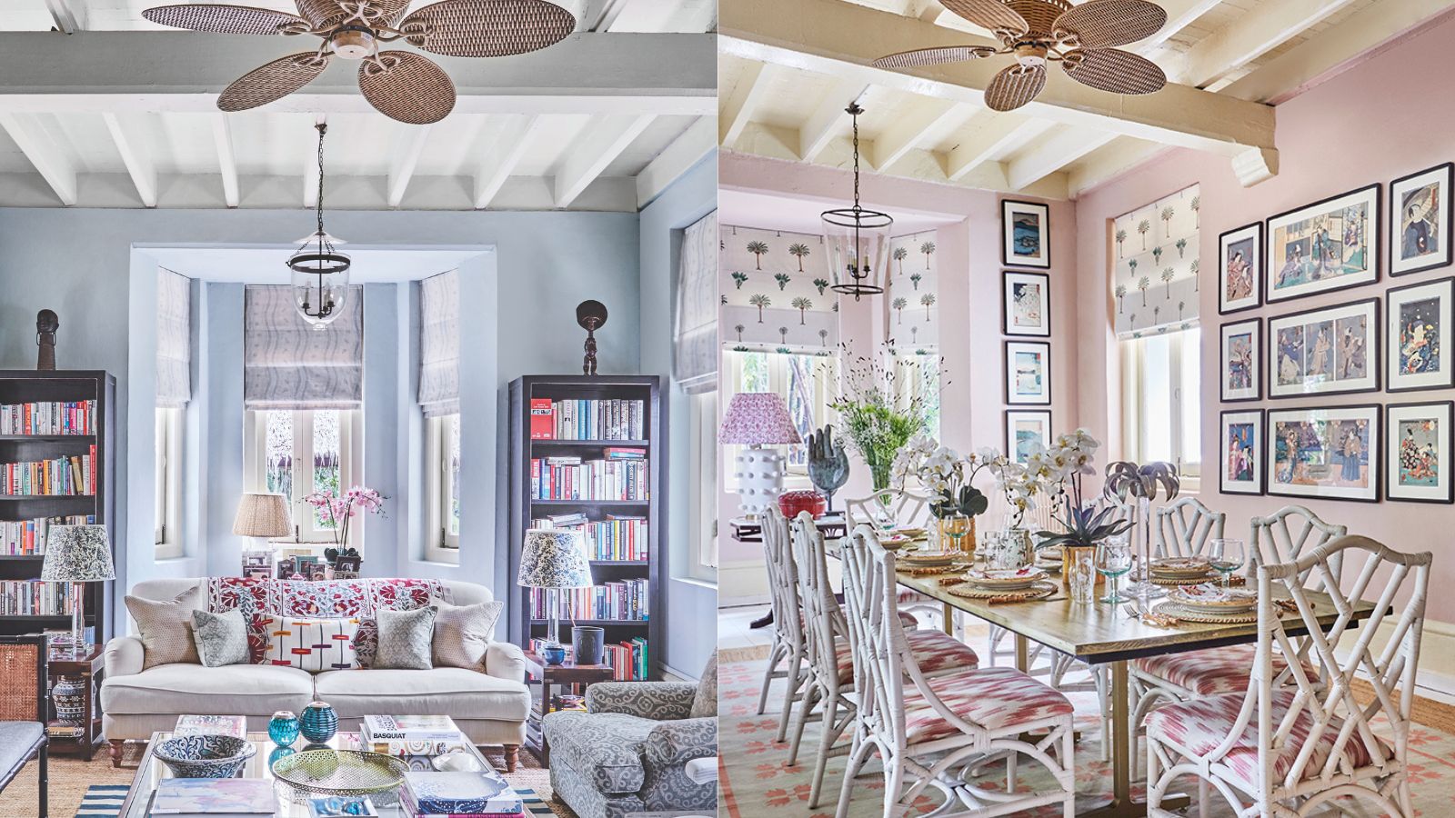 Links ein hellblaues Wohnzimmer mit einem Deckenventilator aus Rattan und rechts ein rosafarbenes Esszimmer mit einem Deckenventilator aus Rattan