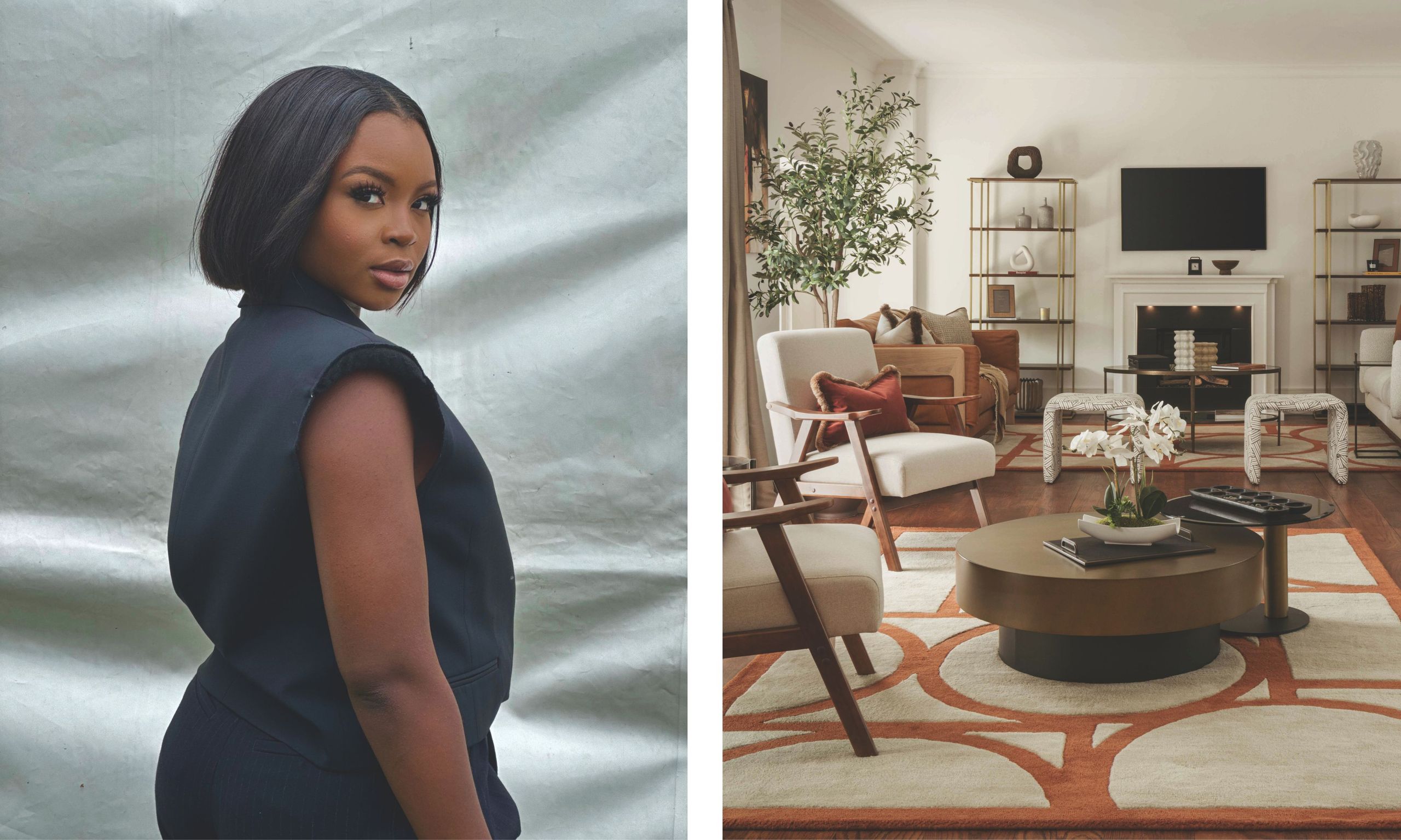 On the left, a profile portrait of interior designer Anu Akinyemi with a sleek bob, wearing a black padded vest over a tailored black pinstripe jumpsuit. On the right is a photo of the same modern living room