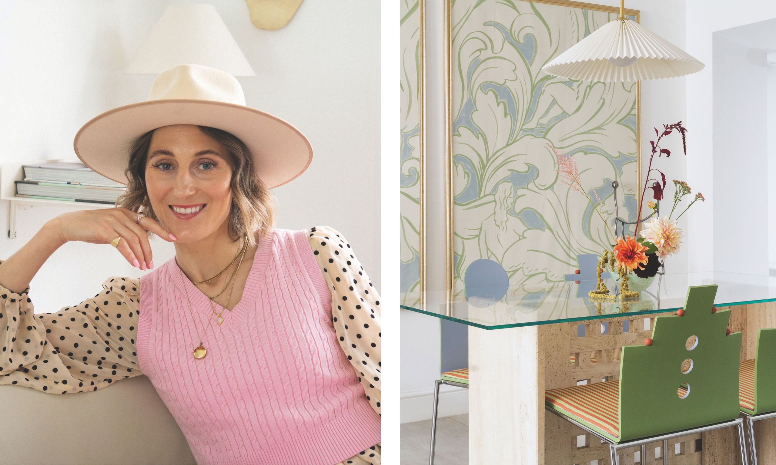 Designer Judith Achumba-Wöllenstein in a pink vest and hat next to a dining area with a travertine table, green geometric chairs, and botanical wallpaper.