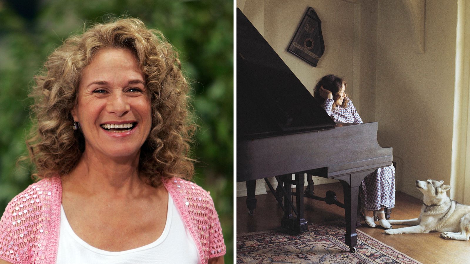 Ein geteilter Bildschirm mit Carole King links und ihrem Zuhause im Jahr 1971 rechts