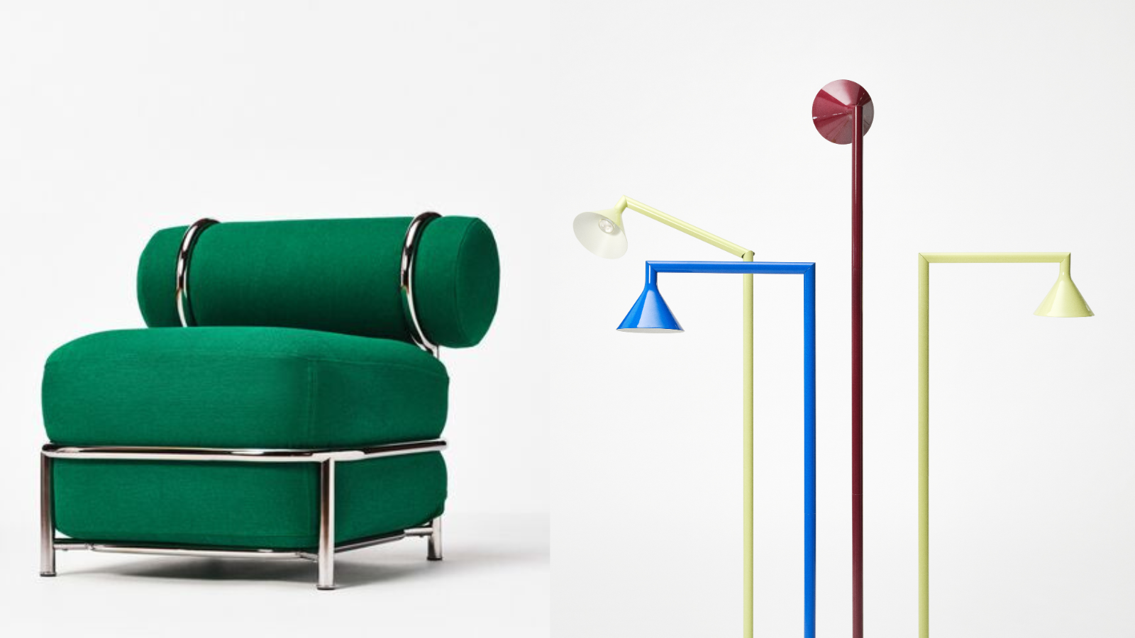 ein Set aus zwei Bildern, eines mit einem grünen Stuhl und das andere mit einer Sammlung bunter Stehlampen