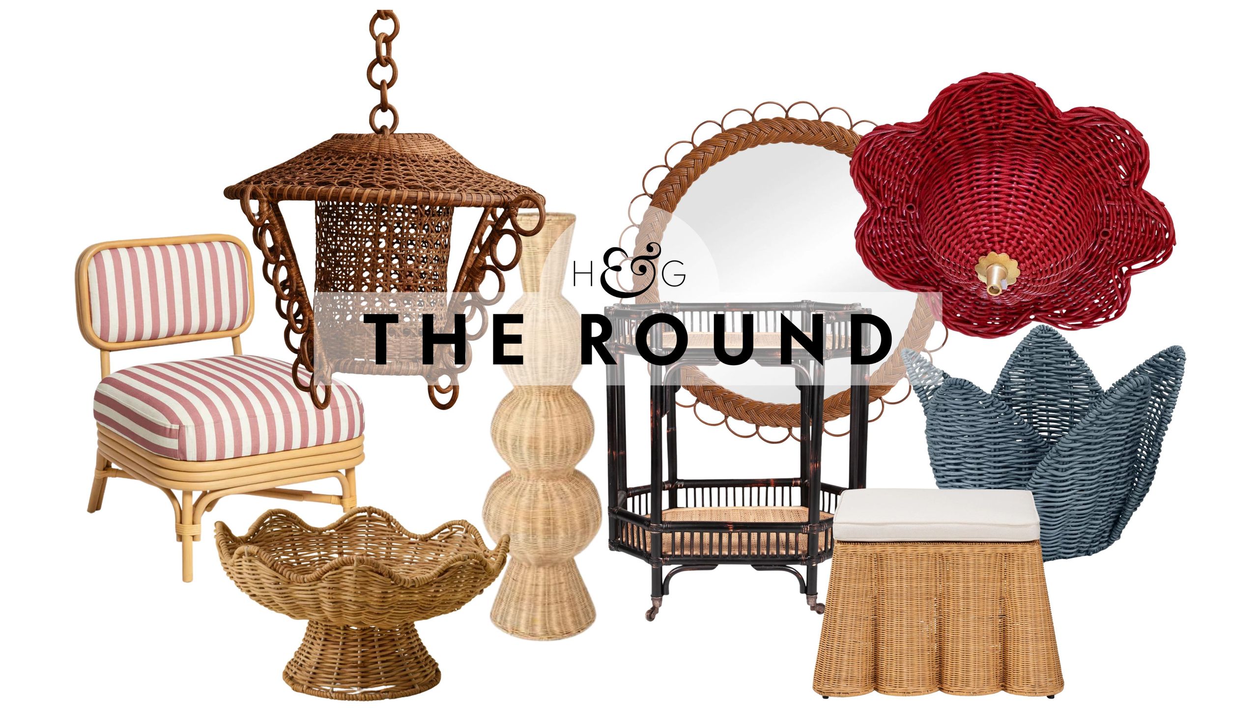 Rattan decor, including an accent chair, pedestal bowl, pendant light, sculptural vase, bar card, ottoman, ceiling rose, and basket, pictured against a white background