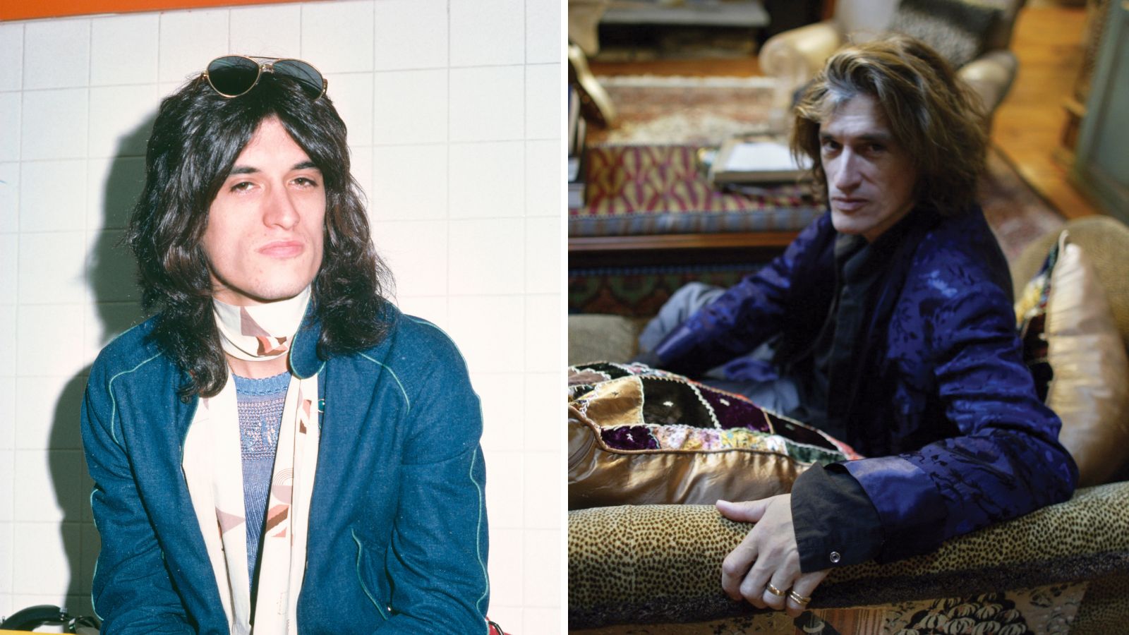 Ein geteiltes Bild mit Joe Perry links und Joe Perry in seinem Wohnzimmer von 2005 rechts
