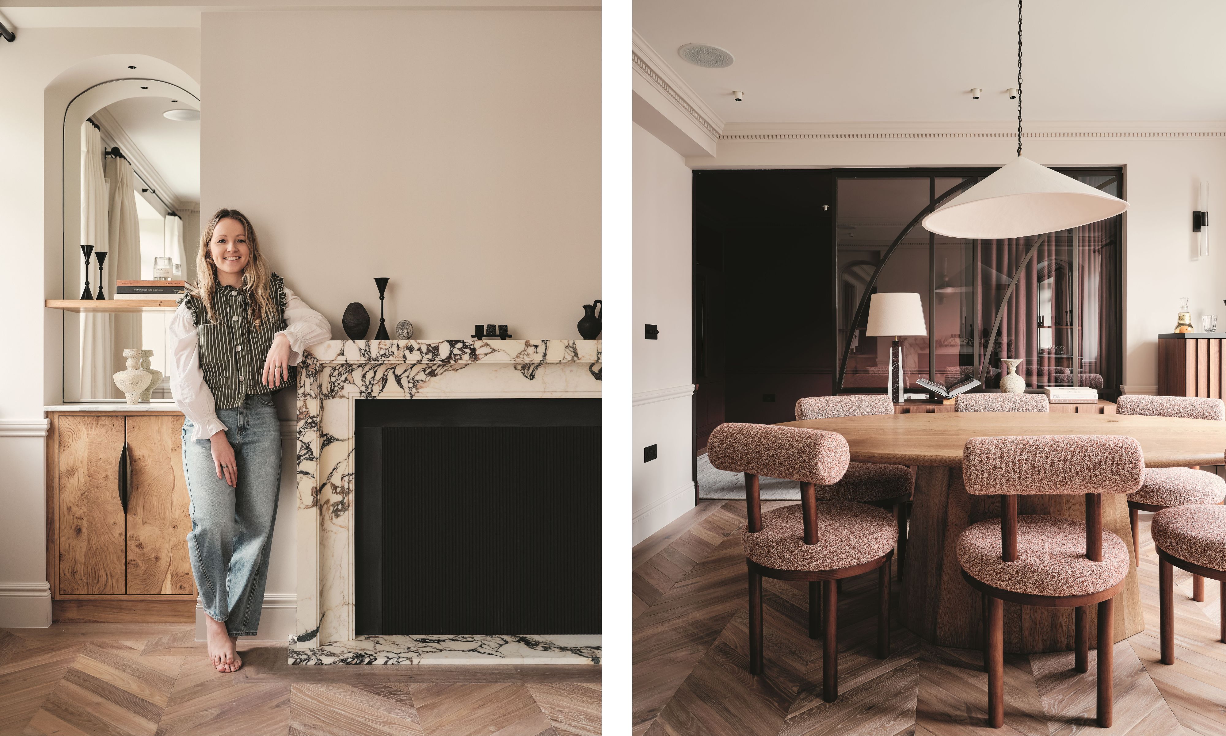Links: Designerin Anna Møller lehnt an einem Kamin aus geädertem Marmor. Rechts: Ein Blick auf den Essbereich mit geschwungenen Möbeln und minimalistischen architektonischen Details.